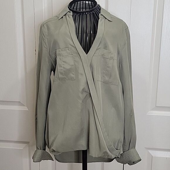 ANTHROPOLOGIE Olive Green Wrap Blouse Size 2 - Picture 7 of 7